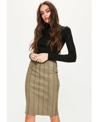 Missguided Khaki Faux Suede Stitch Detail Midi Skirt