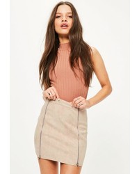 Missguided Petite Nude Faux Suede Double Zipper Skirt