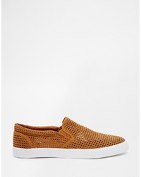 Asos Brand Slip On Sneakers In Tan Perforated Faux Suede