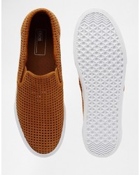 Asos Brand Slip On Sneakers In Tan Perforated Faux Suede
