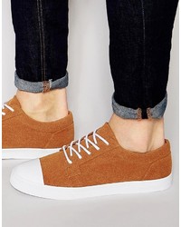 Asos Lace Up Sneakers In Tan Faux Suede With Toe Cap