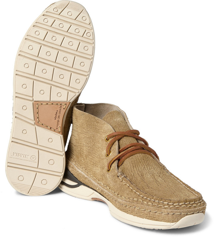 VISVIM Voyageur Moc Folk Distressed Suede Sneakers, $715 | MR 