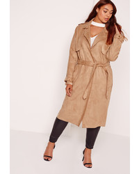 Missguided Plus Size Raw Seam Faux Suede Trench Coat Camel