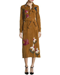 RED Valentino Suede Trench Coat Wleather Patchwork Cognac