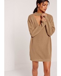 Missguided Brown Choker Neck Slouchy Mini Sweater Dress