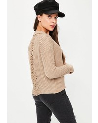 Missguided Camel Distressed Back Sweater