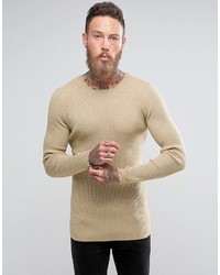 Asos Longline Muscle Fit Ribbed Sweater In Oatmeal