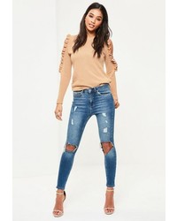 Missguided Nude Frill Cold Shoulder Sweater