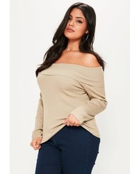Missguided Plus Size Camel Ribbed Bardot Sweater