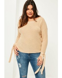 Missguided Plus Size Camel Tie Sleeve Bardot Sweater