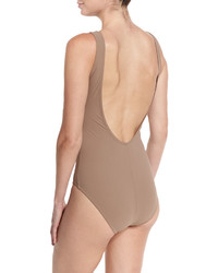 Karla Colletto Entwined Plunge Lace Up One Piece Swimsuit Latte