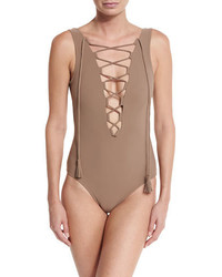 Karla Colletto Entwined Plunge Lace Up One Piece Swimsuit Latte