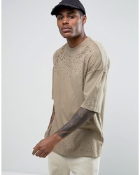 Asos Oversized T Shirt With Distressed Yoke And Half Sleeve