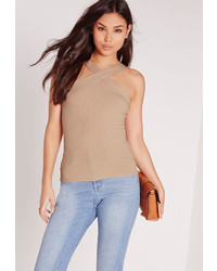Missguided Ribbed Wrap Tank Top Camel
