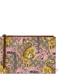 Gucci Printed Coated Canvas And Textured Leather Pouch Beige
