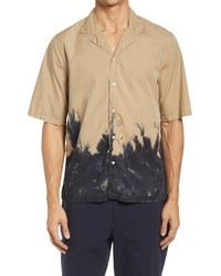 Officine Generale Eren Dip Dye Short Sleeve Cotton Button Up Shirt In Khakiblack At Nordstrom