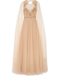 Marchesa Notte Cape Effect Embellished Glittered Tulle Gown