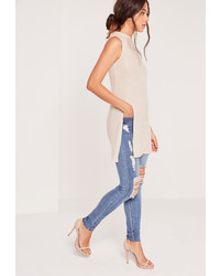 Missguided Ribbed High Neck Split Side Tunic Nude