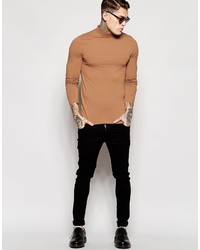 Asos Brand Muscle Long Sleeve T Shirt With Turtleneck In Camel
