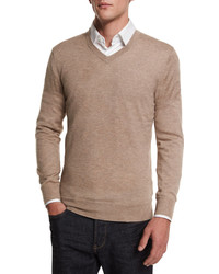 Neiman Marcus Cashmere Silk V Neck Sweater Taupe