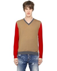 DSQUARED2 V Neck Color Block Wool Sweater