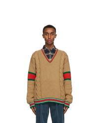 Gucci Tan Cable Knit V Neck Sweater