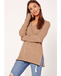 Missguided V Neck Side Split Sweater Camel