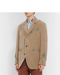 Gucci Beige Passeterie Trimmed Embroidered Cotton And Linen Blend Velvet Blazer