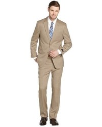 Tommy Hilfiger Tan Striped Wool 2 Button Suit With Flat Front Pants