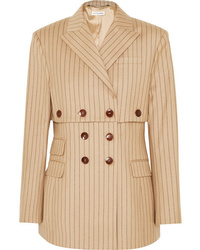 Tan Vertical Striped Wool Double Breasted Blazer
