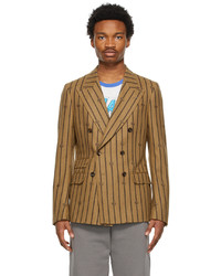 Tan Vertical Striped Wool Double Breasted Blazer