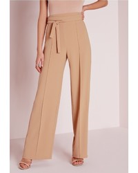 Missguided Tie Waist Crepe Wide Leg Trousers Camel