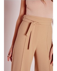 Missguided Tie Waist Crepe Wide Leg Trousers Camel