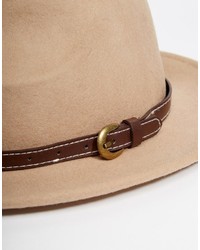 Asos Brand Fedora Hat In Stone Felt With Faux Leather Band