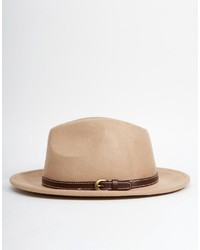 Asos Brand Fedora Hat In Stone Felt With Faux Leather Band