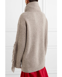 Stella McCartney Fringed Ribbed Cashmere And Wool Blend Turtleneck Sweater Sand