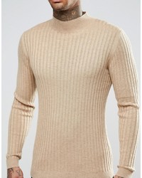 Asos Muscle Fit Ribbed Turtleneck Sweater In Merino Wool Mix