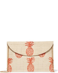Kayu Pineapple Embroidered Woven Straw Clutch Beige