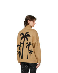Palm Angels Tan Wool Zipped Palm Tree Turtleneck