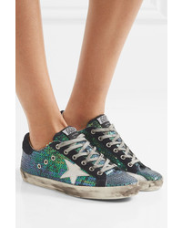 Golden Goose Deluxe Brand Super Star Distressed Sequined Canvas And Suede Sneakers Green