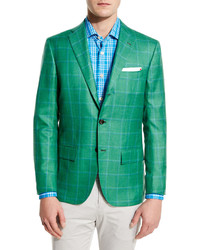 Kiton Windowpane Cashmere Silk Three Button Sport Coat Green
