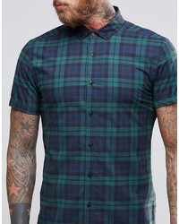 Asos Brand Skinny Shirt In Blackwatch Check In Navy With Short Sleeves