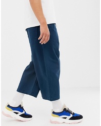 ASOS WHITE Cropped Wide Trousers In Midnight Navy Heavyweight Twill Wing Teal