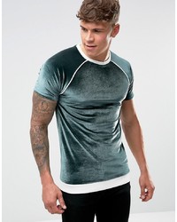 ASOS DESIGN Asos Muscle Fit T Shirt In Velour With Rib Hem And Piping