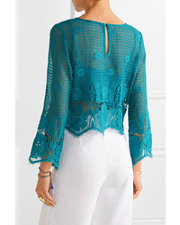 Miguelina Alicia Cropped Crocheted Cotton Top Turquoise