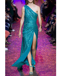 Elie Saab One Shoulder Cutout Sequined Tulle Gown Teal