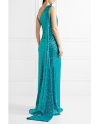 Elie Saab One Shoulder Cutout Sequined Tulle Gown Teal
