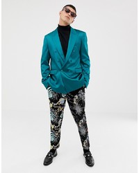 ASOS DESIGN Slim Double Breasted Blazer In Teal High Shine