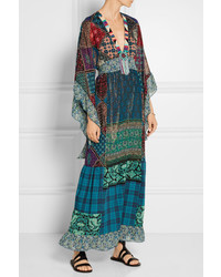 Anna Sui Embellished Silk Blend Chiffon And Cotton Maxi Dress Blue