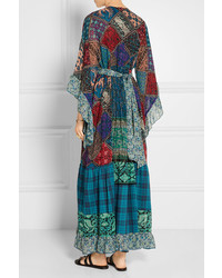 Anna Sui Embellished Silk Blend Chiffon And Cotton Maxi Dress Blue